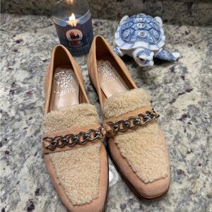 Vince Camuto Tan Sherpa Silver Chain Buckle Loafer Shoes